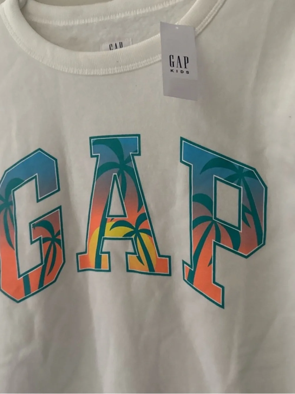 GAP Cream Sweatshirt with Teal and Coral Gradient Logo